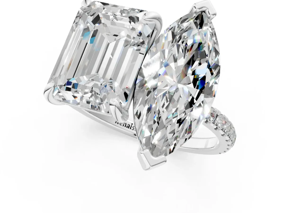 Emerald and Marquise Toi Moi Ring with Prong Setting and Pave Band Silver