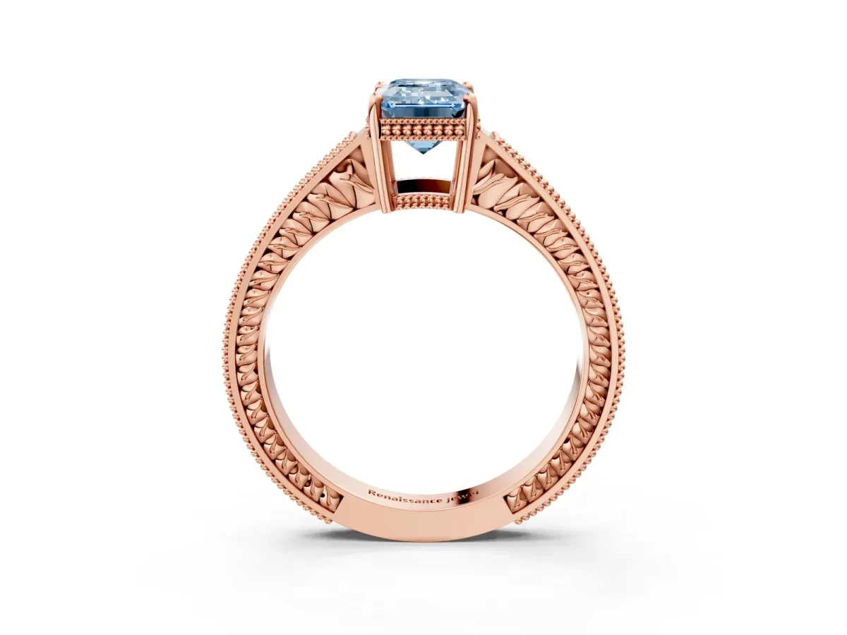 Fancy Blue Emerald Cut Cut Diamond Milgrain Pave Band Four-Prong Setting Ring Rose gold