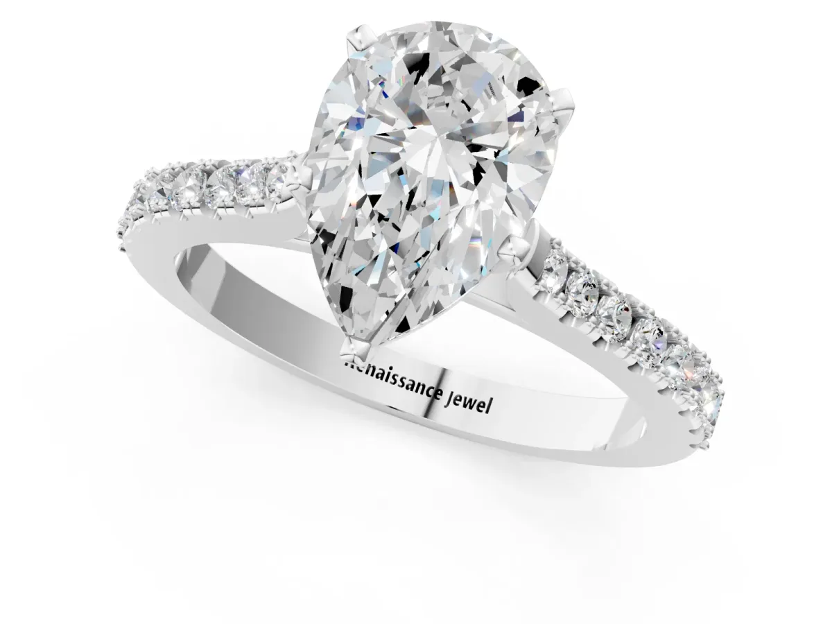 Pear Cut Cut Solitaire Diamond Engagement Ring with Pave Band and Four-Prong Setting Silver