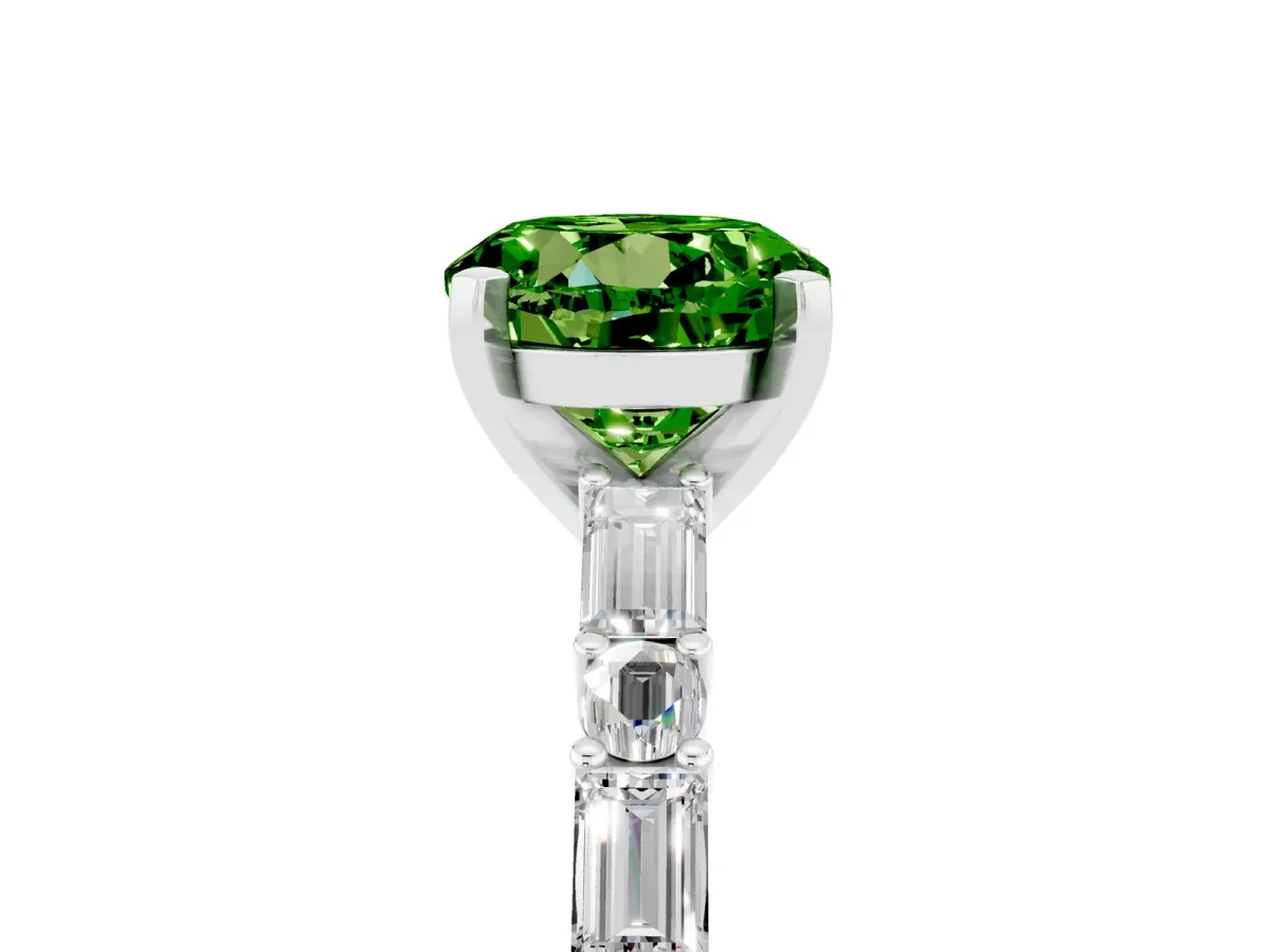 Round Cut Peridot Solitaire with Side Baguettes and Channel Set Band Platinum