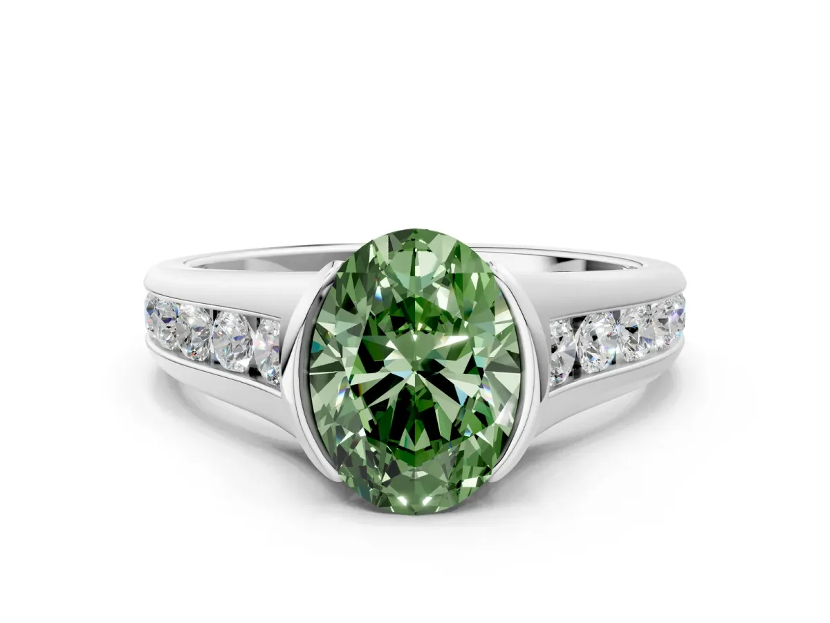 Fancy Green Oval Cut Solitaire Bezel-Set Diamond Ring with Channel-Set Band Platinum