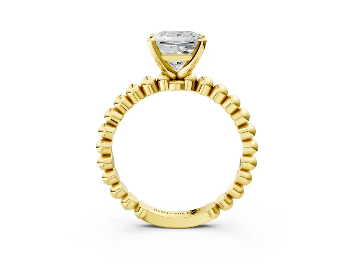 Princess Cut Diamond Solitaire Ring with Beaded Band and Prong Setting Yellow gold