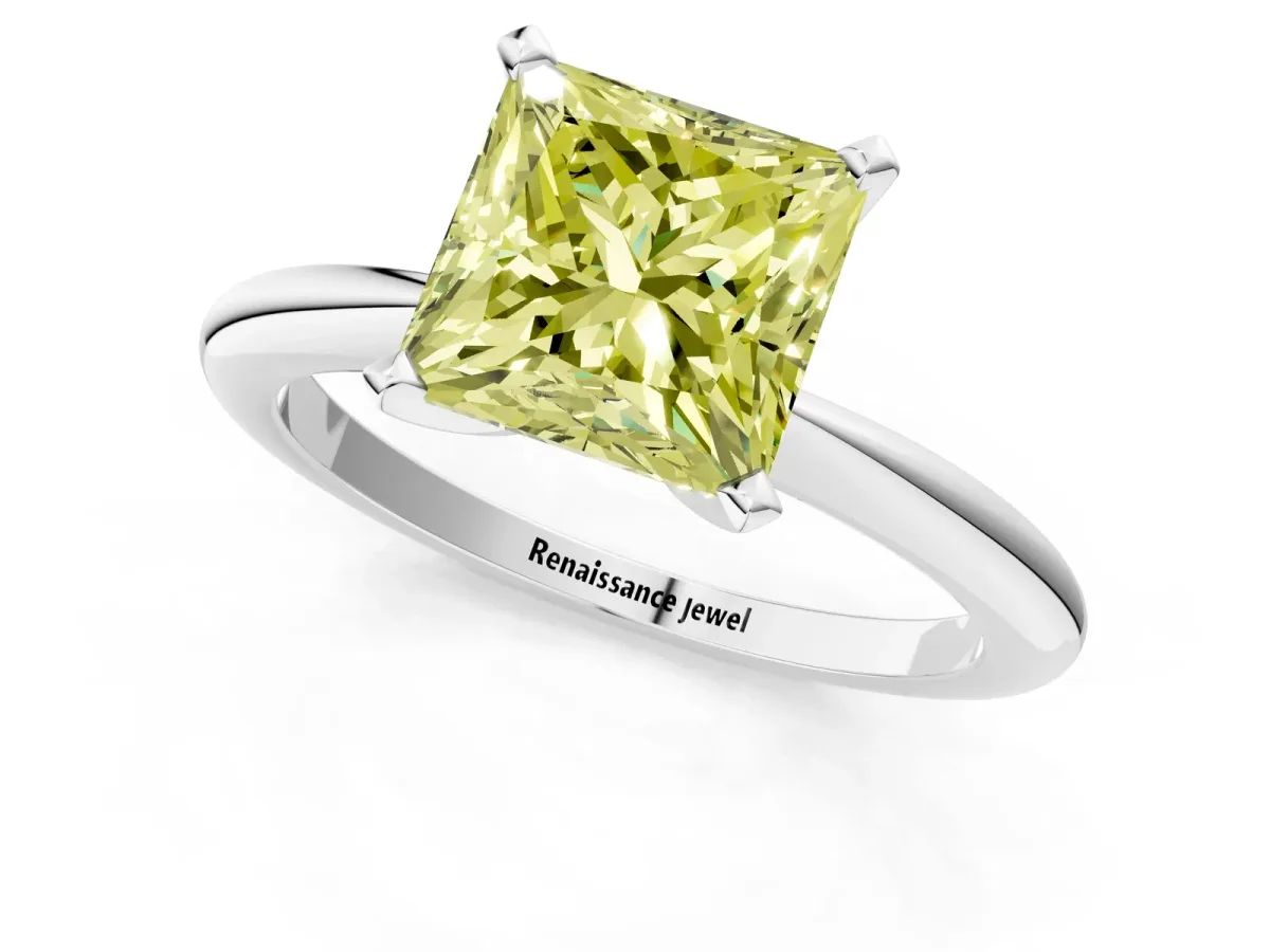 Fancy Yellow Princess Cut Diamond Solitaire Ring with Six-Prong Setting and Classic Band Silver