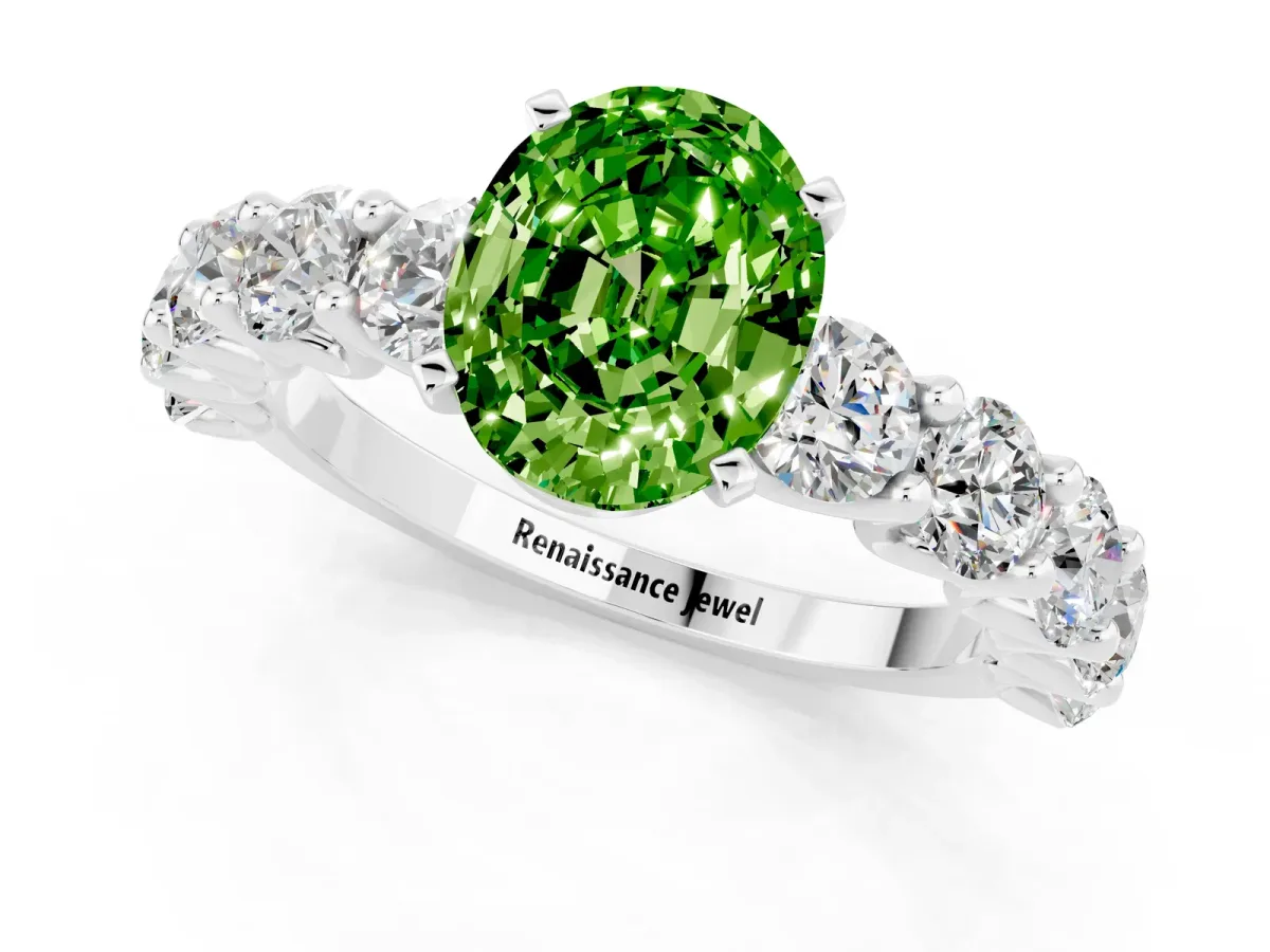 Oval Cut Peridot Prong Setting with Side Stones on a Pave Band Silver