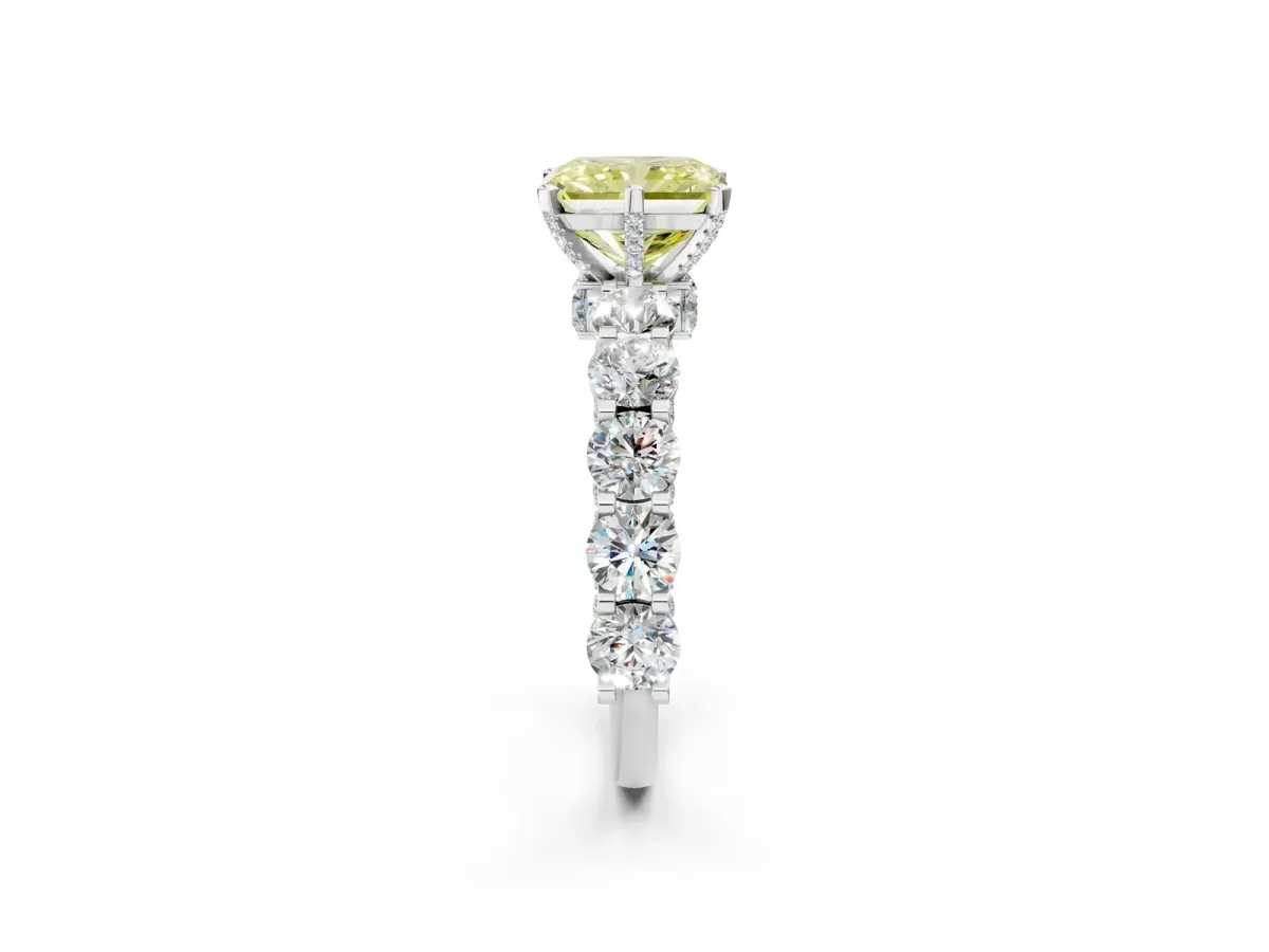 Fancy Yellow Radiant Cut Diamond Side Stone Engagement Ring with Four-Prong Setting Silver