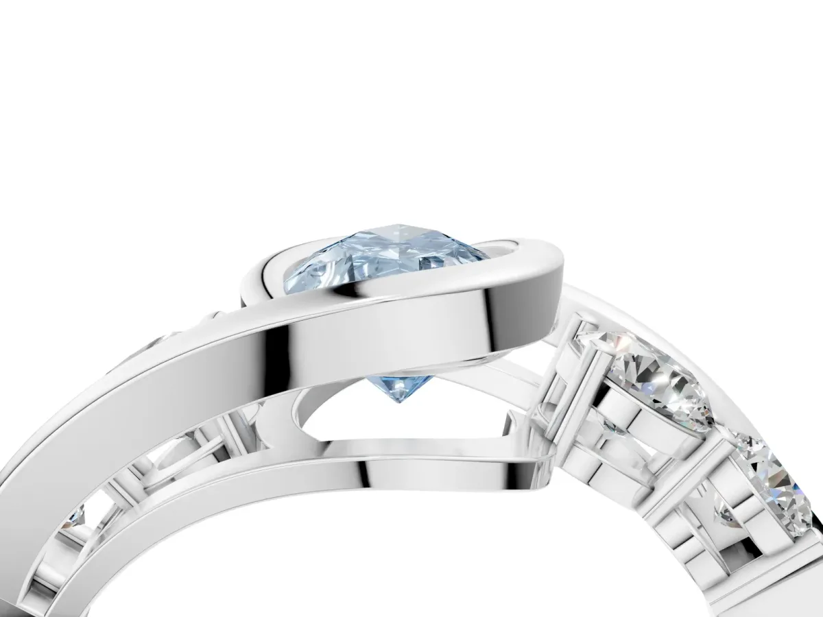 Fancy Blue Bezel Set Pear Cut Diamond Bypass Ring with Round Accents Silver