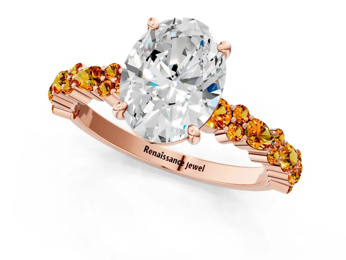 Oval Cut Diamond Side Stone Solitaire Ring with Round Citrine and Four-Prong Setting Rose gold