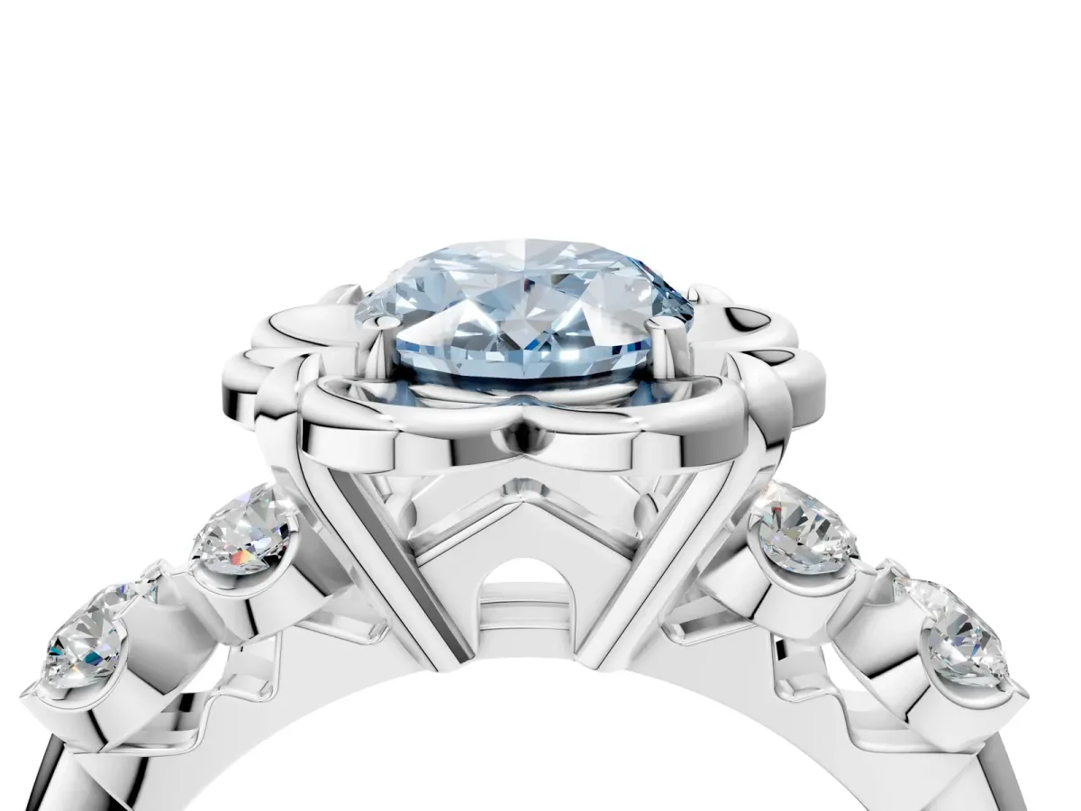 Fancy Blue Oval Cut Cut Diamond Floral Halo Engagement Ring with Shared Prong Setting Platinum