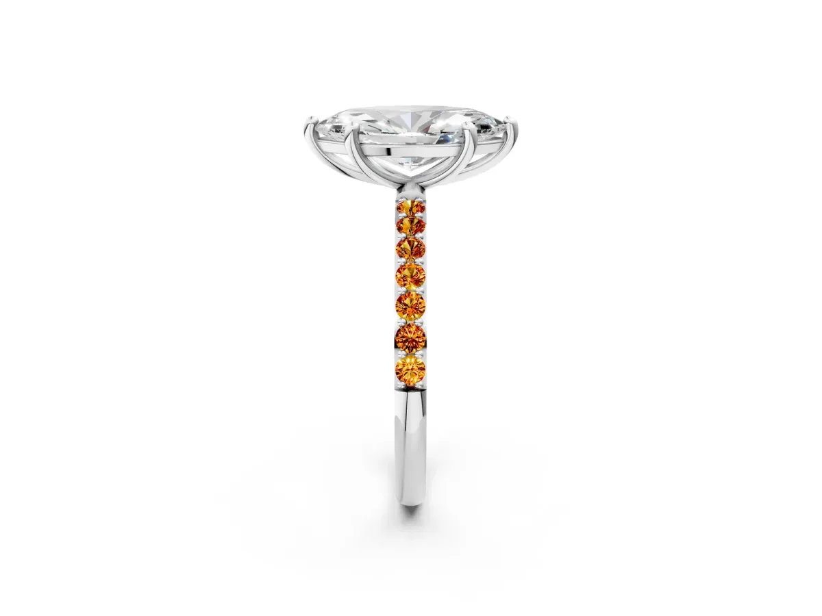 Marquise Cut Diamond Solitaire Ring with Round Citrine Pavé Band and Prong Setting Silver