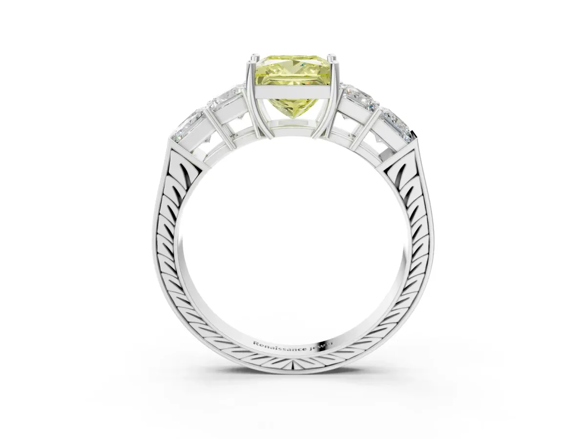Fancy Yellow Princess Cut Solitaire Princess Side Stone Engraved Band Prong Setting Ring Silver