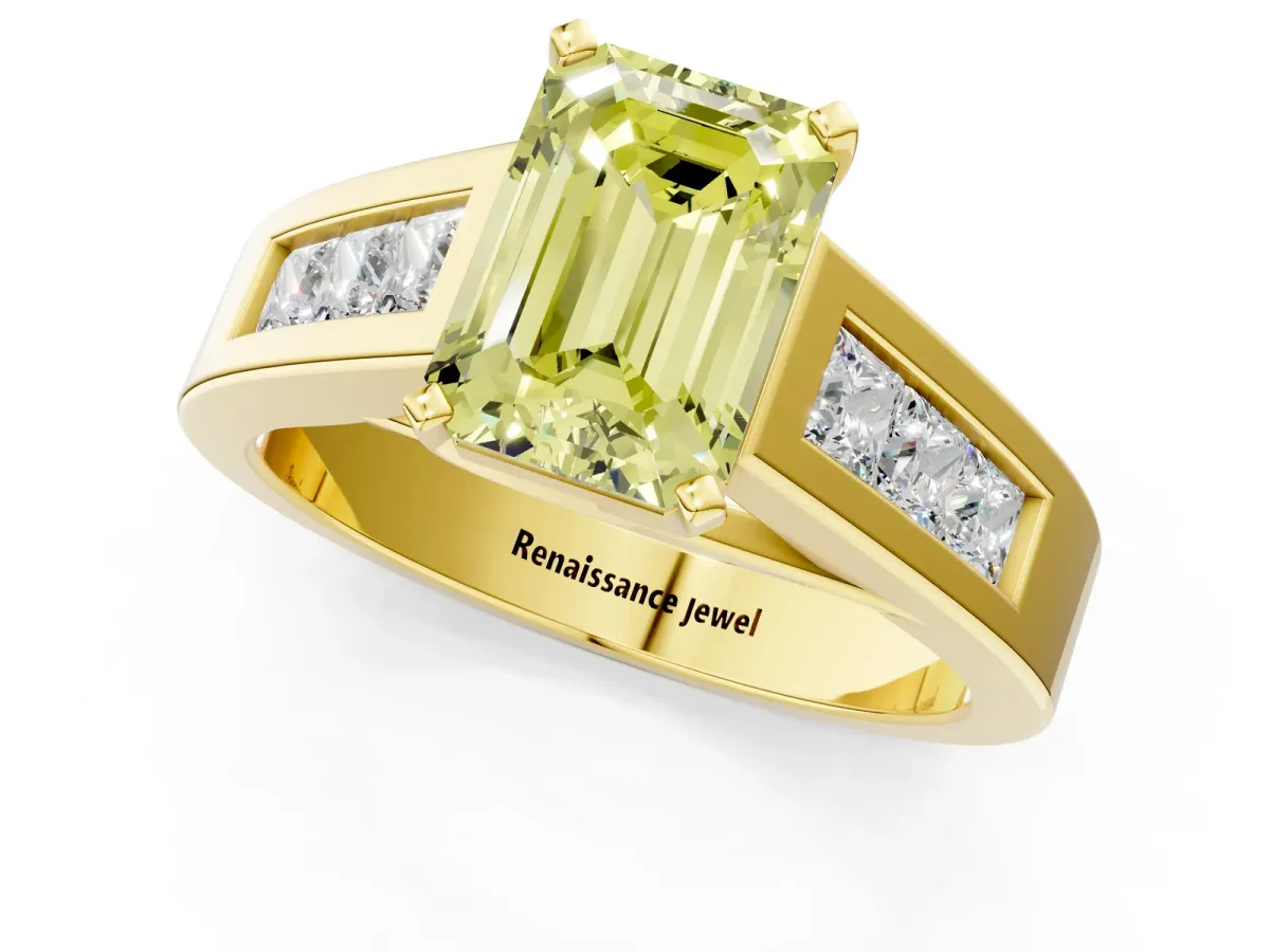Fancy Yellow Emerald Cut Cut Channel Set Solitaire Ring with Four-Prong Setting Yellow gold