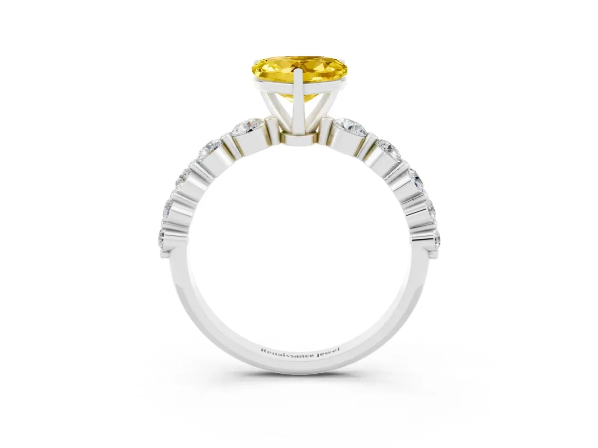Heart Cut Solitaire Yellow Sapphire Ring with Pave Band and Four-Prong Setting Silver