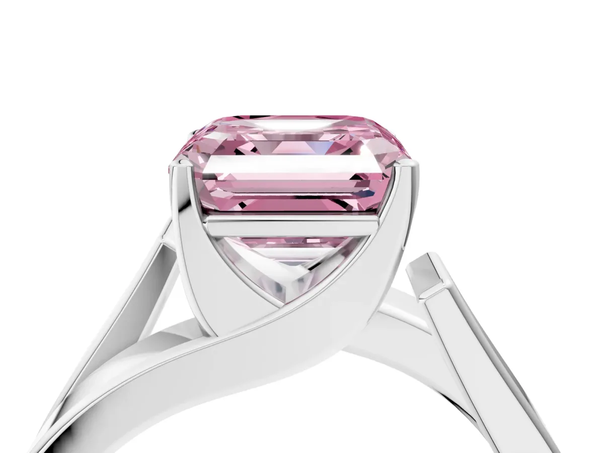 Fancy Pink Modern Tension Set Asscher Cut Diamond Solitaire Wide Band Ring Silver