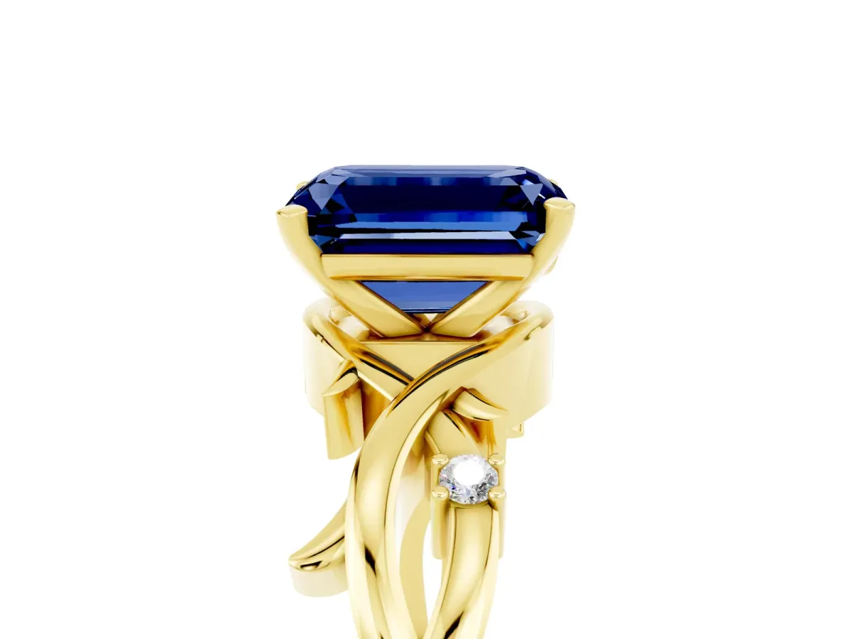 Emerald Cut Blue Sapphire Solitaire Ring with Twisted Band and Prong Setting Yellow gold