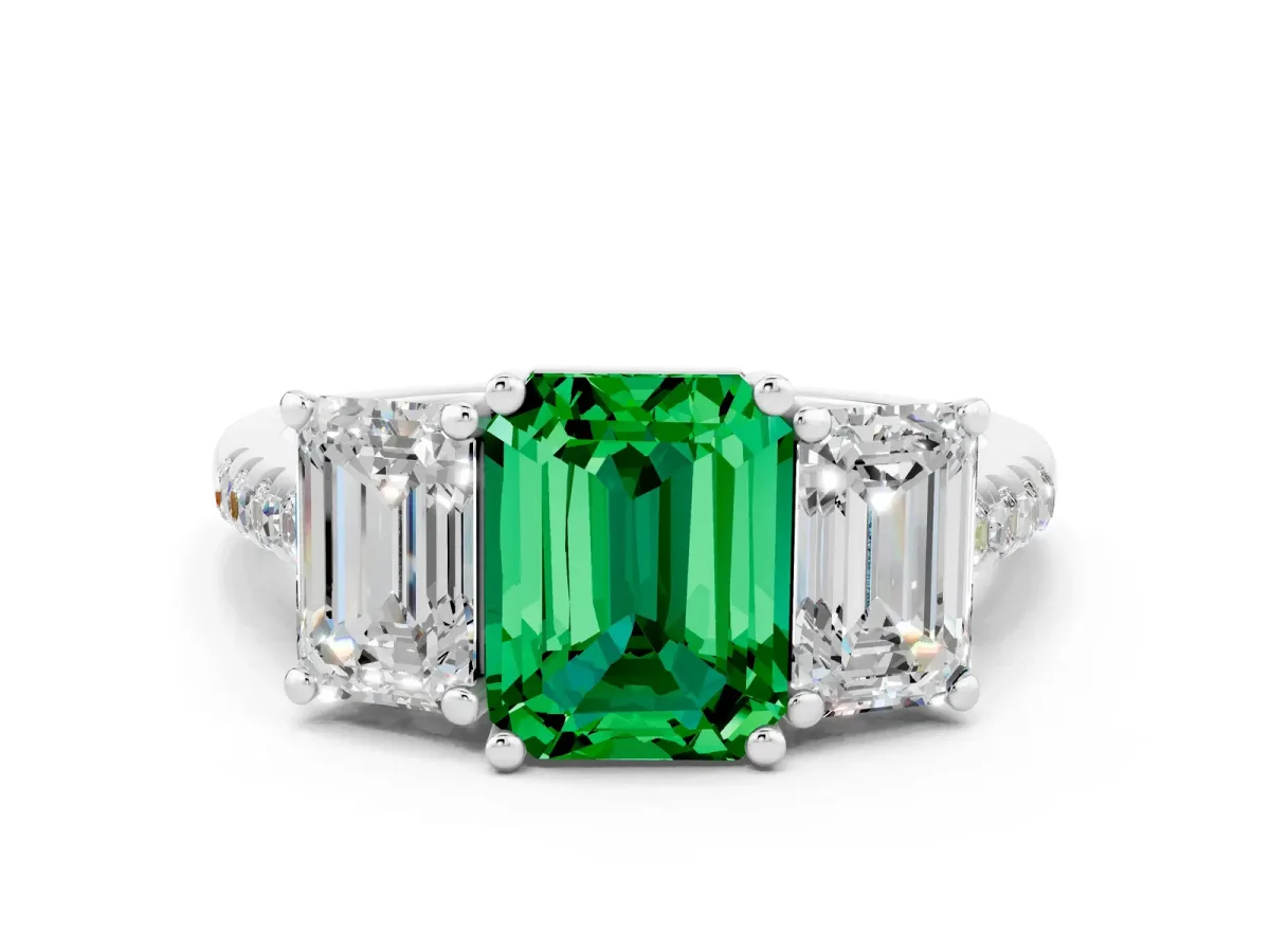 Three-Stone Emerald Cut Emerald Ring with Round Pavé Band and Prong Setting Platinum