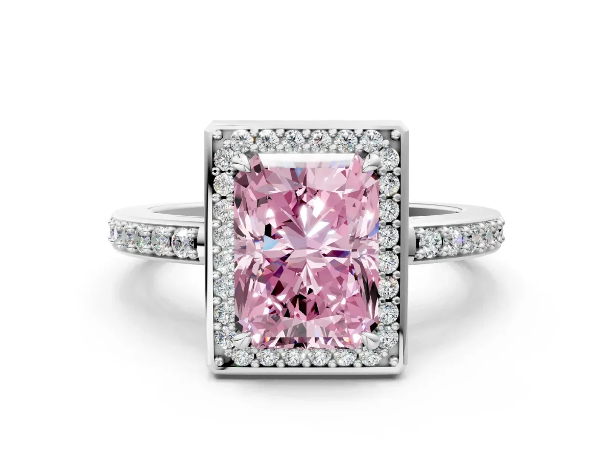 Fancy Pink Radiant Cut Halo Pave Band Solitaire Ring with Prong Setting Platinum