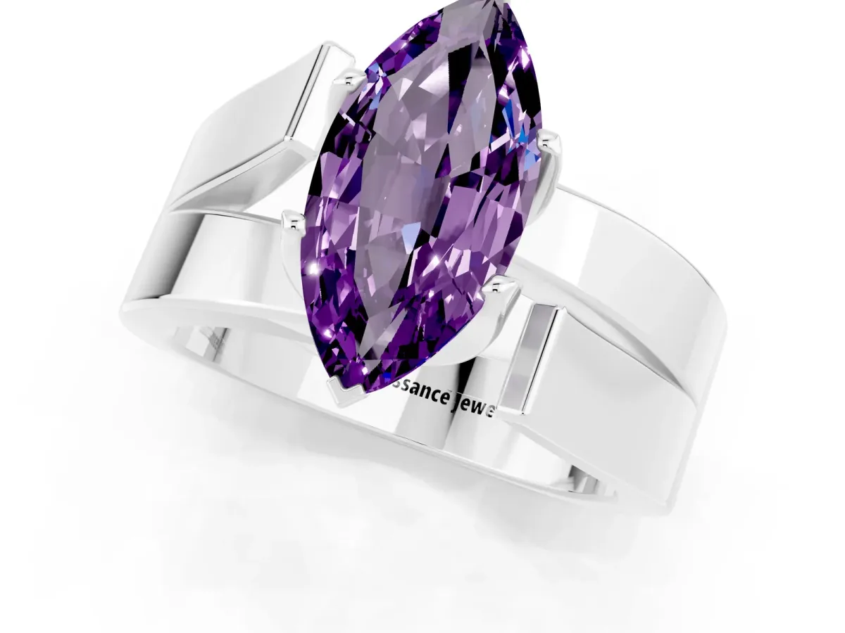 Modern Tension Set Marquise Cut Amethyst Solitaire Wide Band Ring Silver