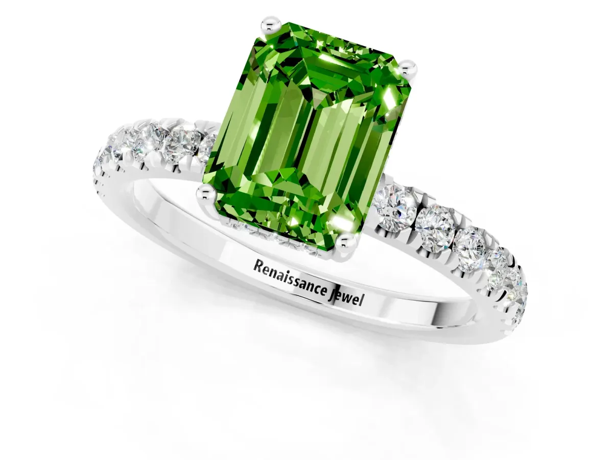 Emerald Cut Peridot Pave Band Solitaire Ring with Round and Prong Setting Platinum