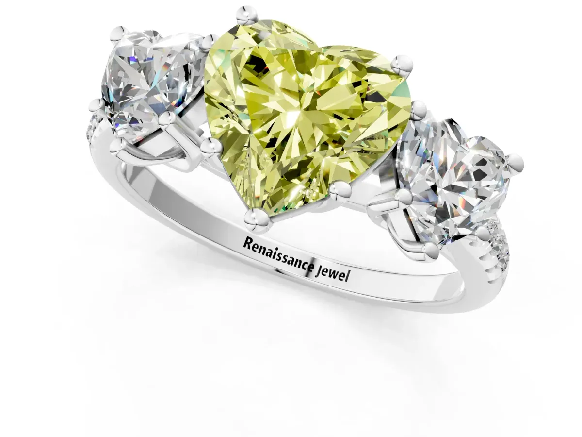 Fancy Yellow Three-Stone Heart Cut Diamond Ring with Round Pavé Band and Prong Setting Silver