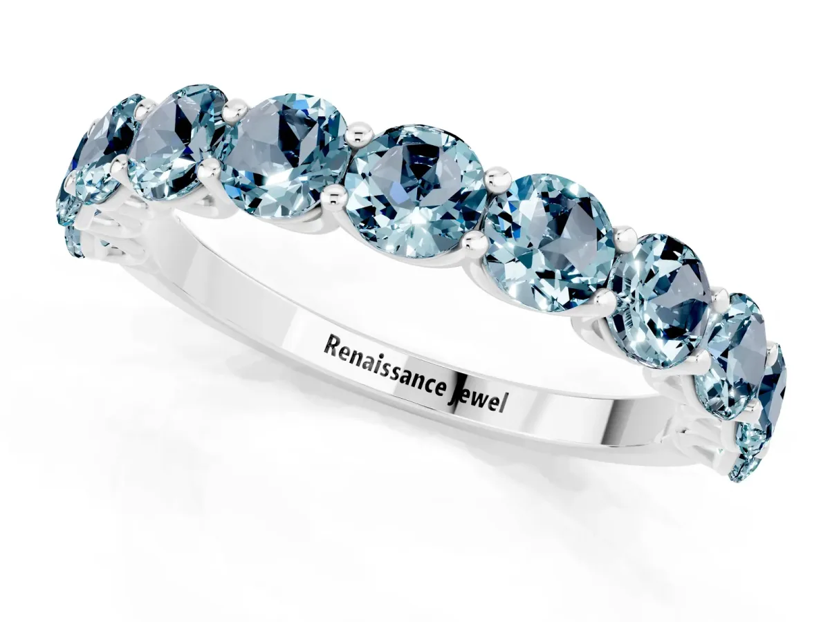 Round Aquamarine Shared Prong Eternity Band White gold