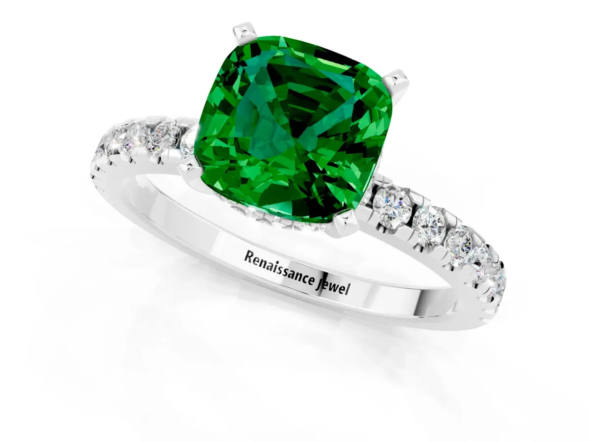 Cushion Cut Emerald Solitaire Ring with Round Pavé Band and Four-Prong Setting Silver
