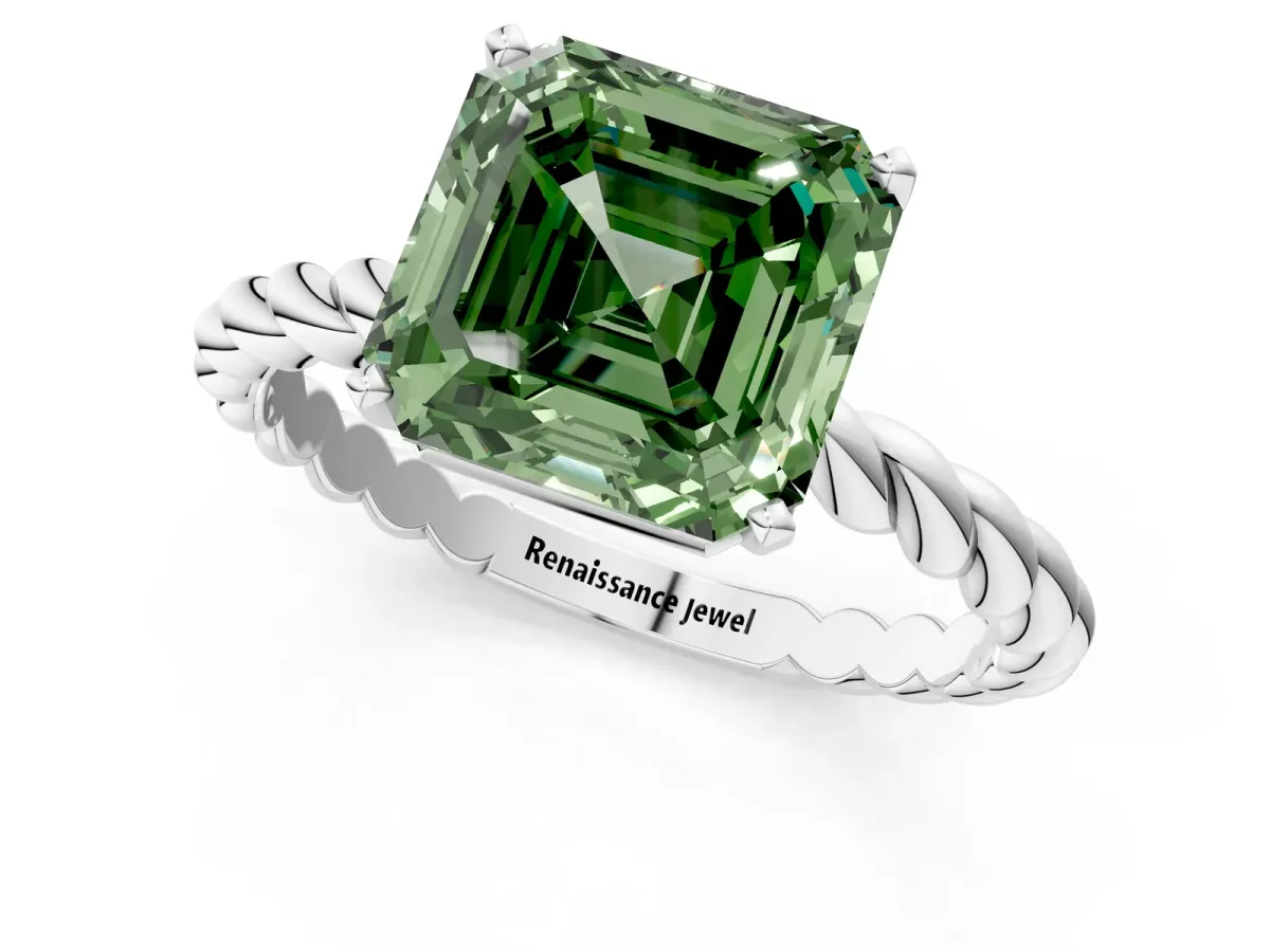 Fancy Green Asscher Cut Cut Solitaire Twisted Band with Four-Prong Setting Platinum