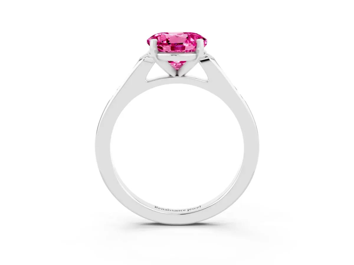 Round Cut Pink Sapphire Solitaire Ring with Channel Set Round Band and Prong Setting Silver