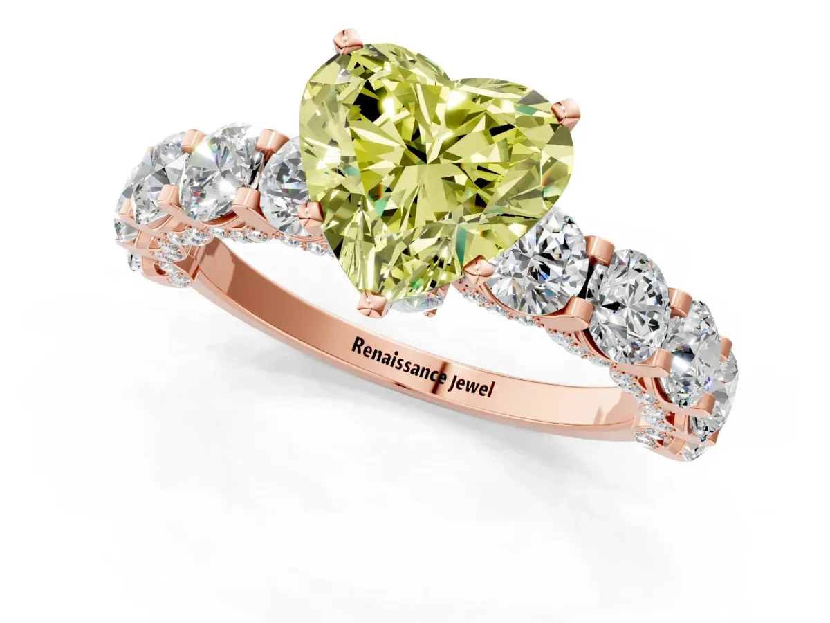 Fancy Yellow Heart Cut Diamond Side Stone Engagement Ring with Four-Prong Setting Rose gold