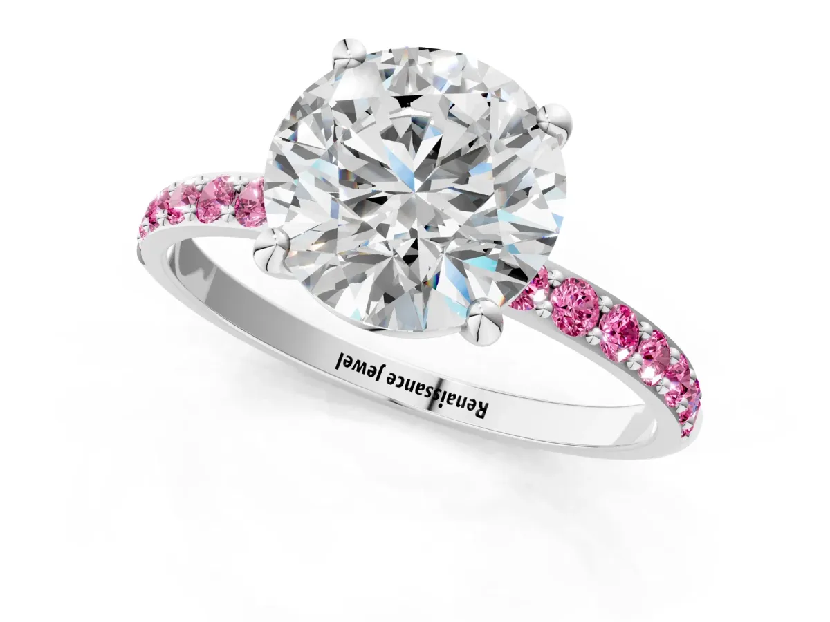 Round Cut Diamond Solitaire Ring with Round Pink Sapphire Pavé Band and Prong Setting Silver