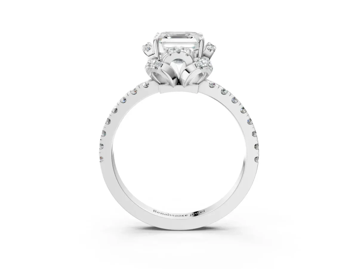 Asscher Cut Halo Diamond Pave Band Ring with Four-Prong Setting Platinum