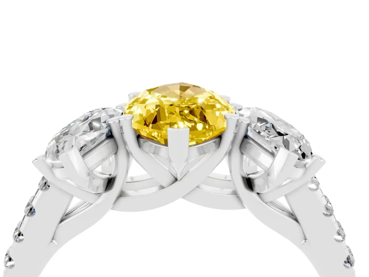 Three-Stone Marquise Cut Yellow Sapphire Ring with Round Pavé Band and Prong Setting Silver