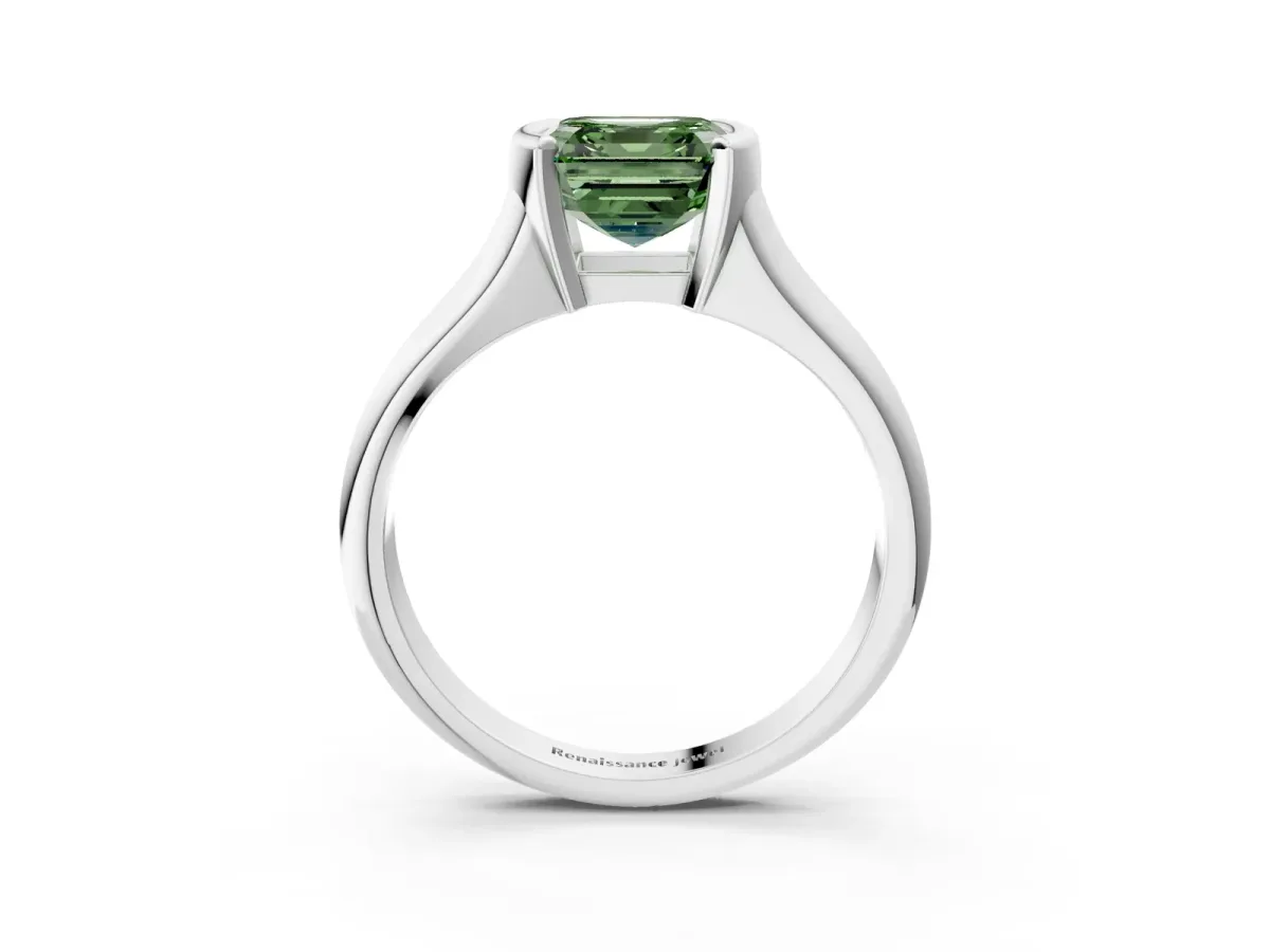 Fancy Green Asscher Cut Solitaire Tension Set Diamond Ring with Split Shank Band Platinum