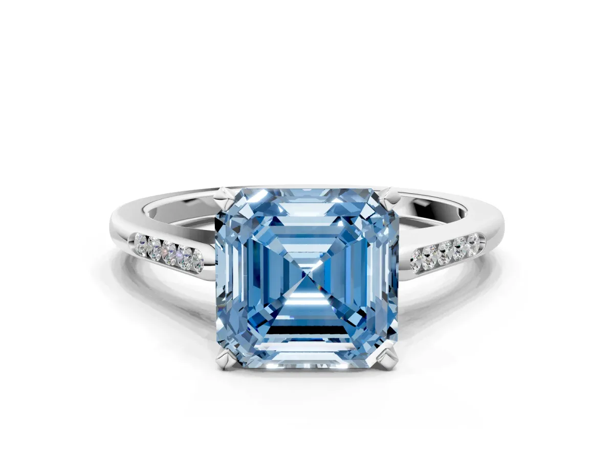 Fancy Blue Asscher Cut Diamond Solitaire Ring with Channel Set Round Band and Prong Setting Silver