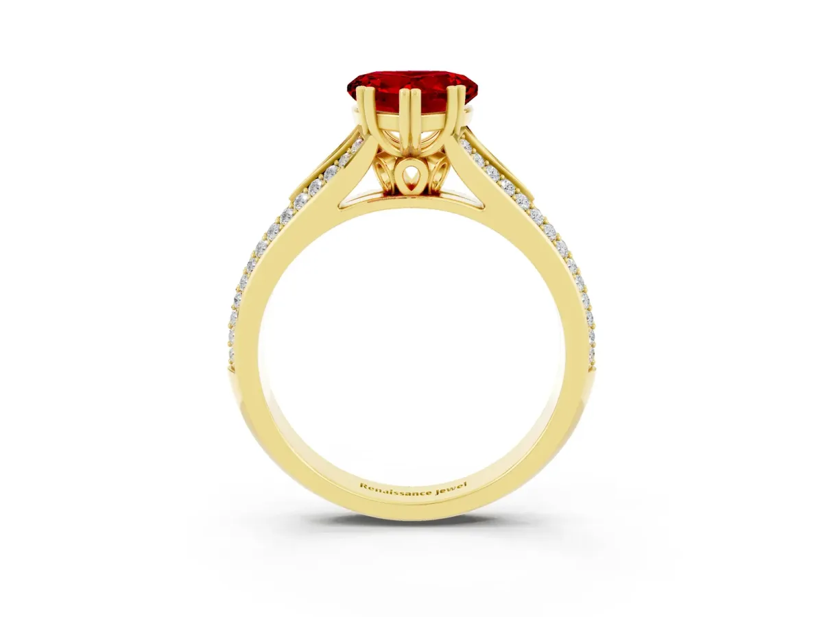Heart Cut Ruby Split Shank Engagement Ring with Pavé Band Yellow gold