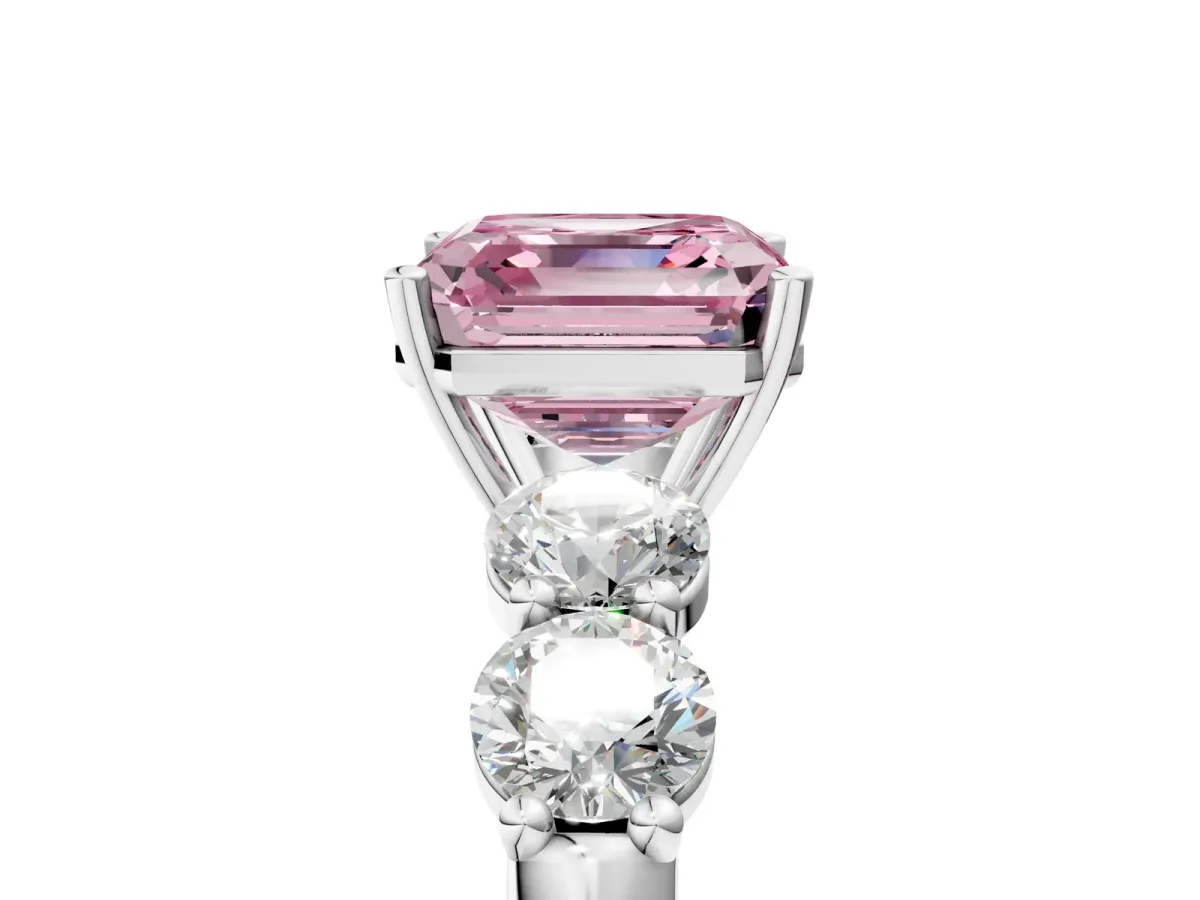 Fancy Pink Asscher Cut Cut Five-Stone Prong Set Diamond Ring with Classic Band Platinum