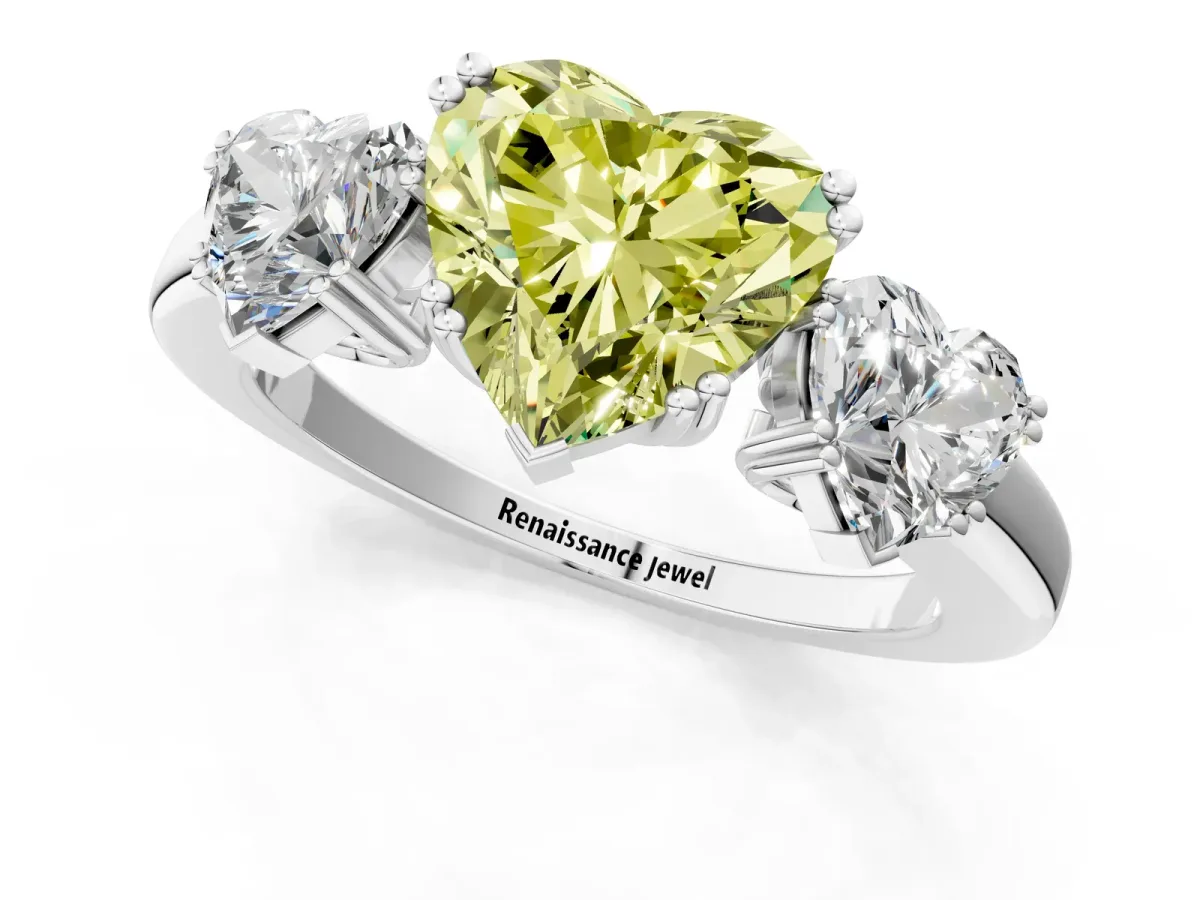 Fancy Yellow Three-Stone Heart Cut Cut Diamond Ring with Channel Set Band and Four-Prong Setting Silver