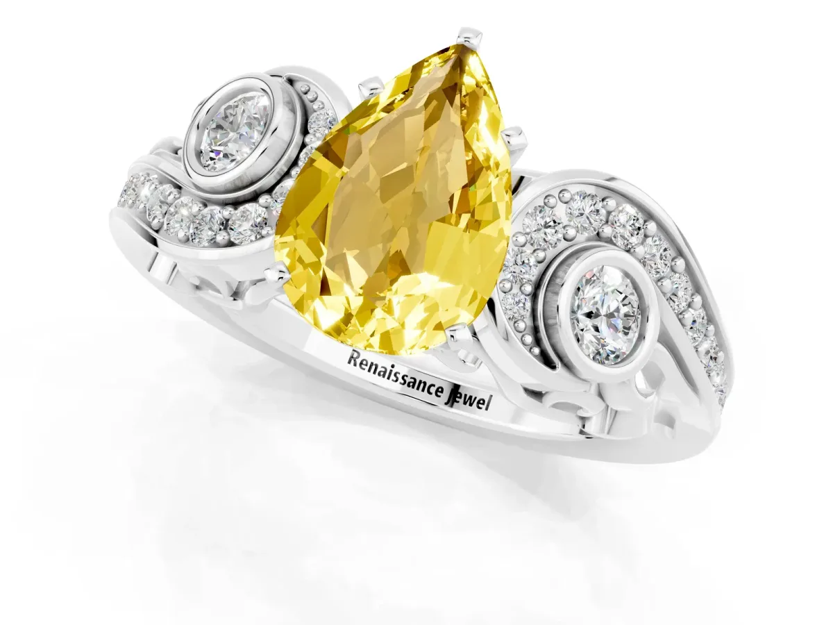 Pear Cut Yellow Sapphire Solitaire Ring with Milgrain Pavé Band and Four-Prong Setting Silver