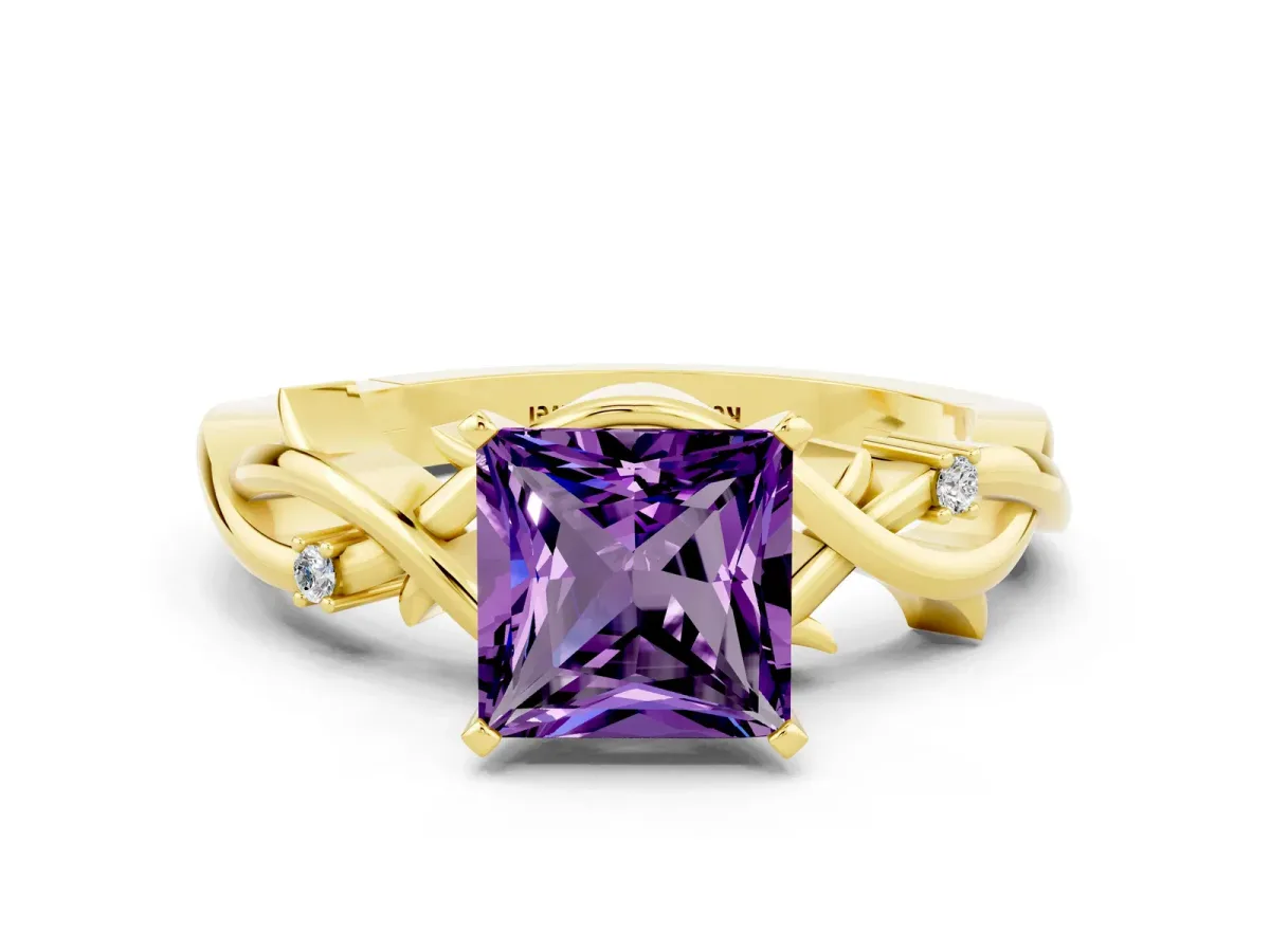 Princess Cut Amethyst Solitaire Ring with Twisted Band and Prong Setting Yellow gold