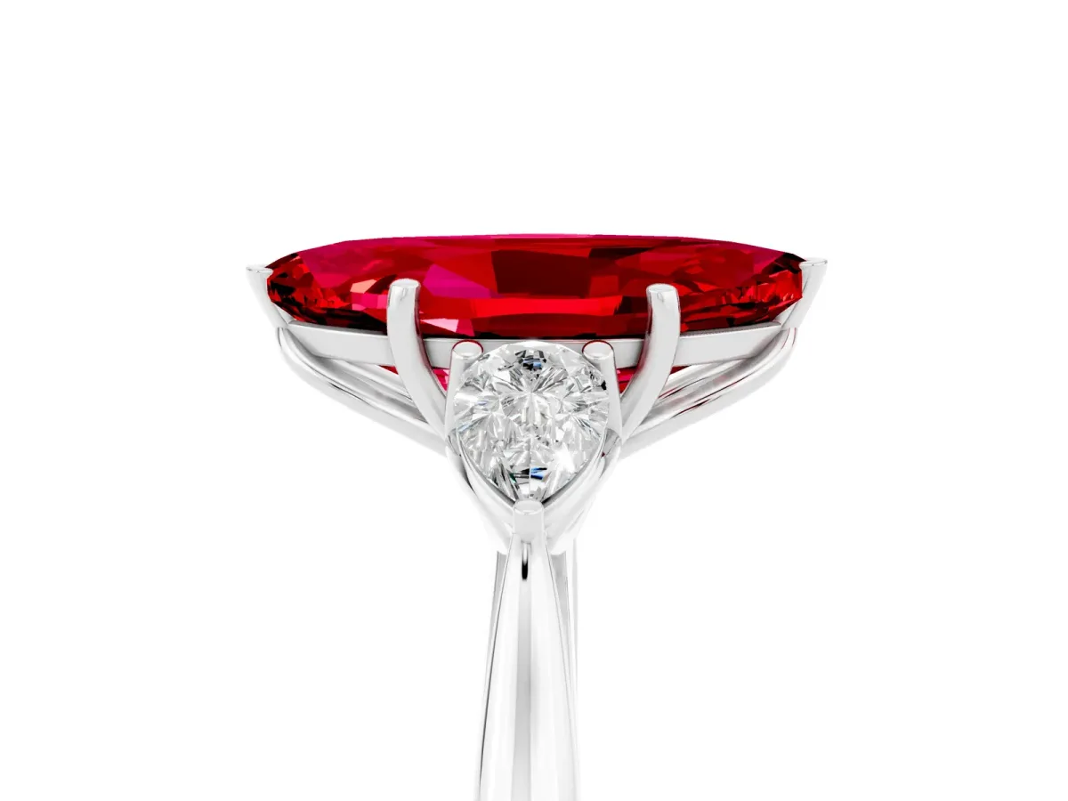 Marquise Cut Ruby Three-Stone Ring with Pear Side Stones and Prong Setting Silver