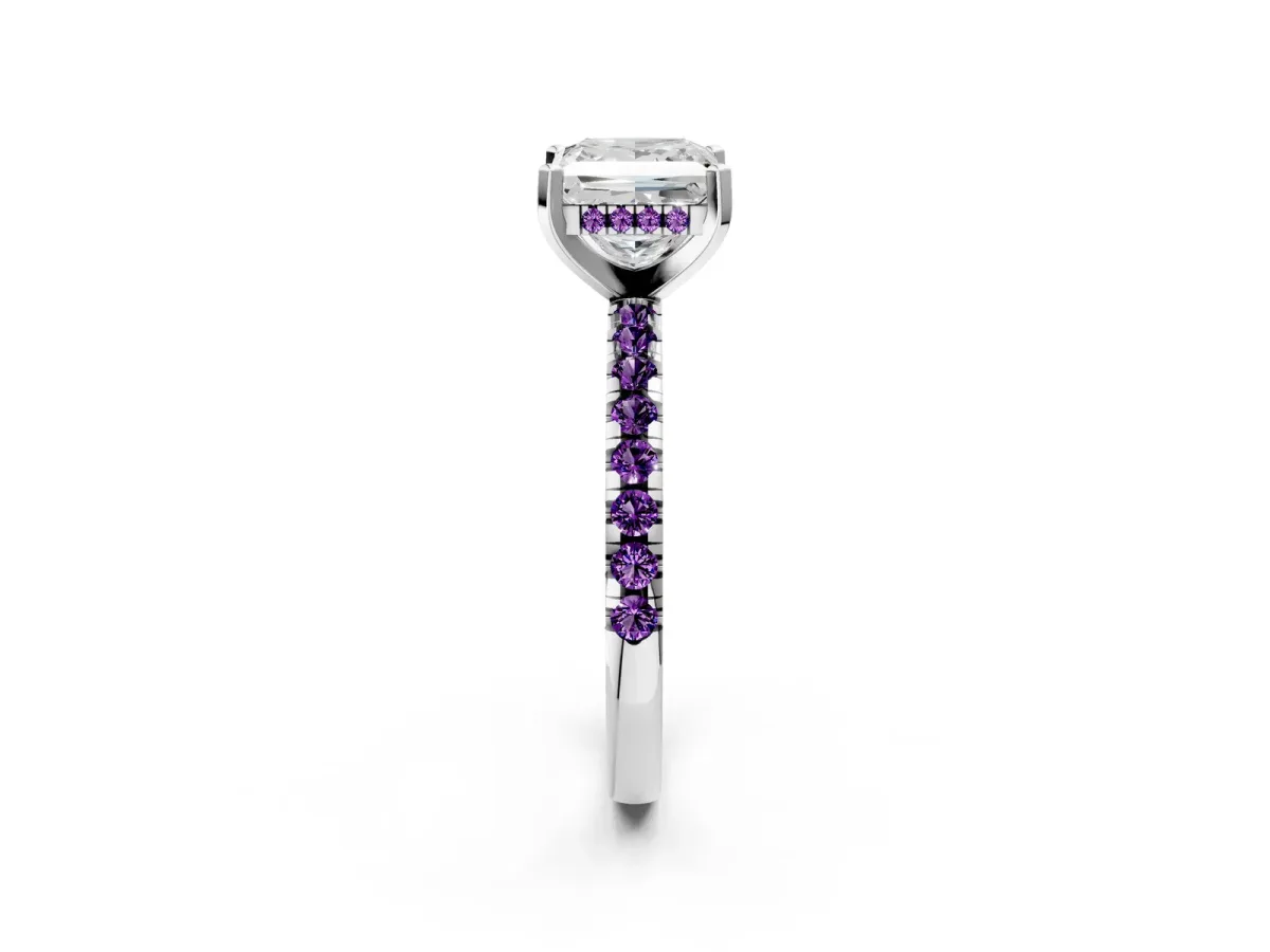 Princess Cut Diamond Solitaire Ring with Round Amethyst Pavé Band and Four-Prong Setting Silver