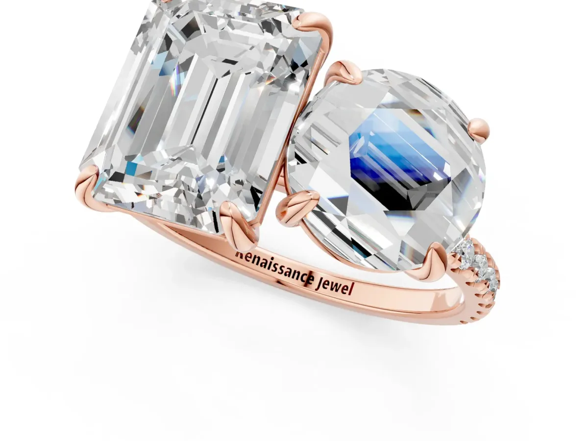 Round and Emerald Toi Moi Ring with Prong Setting and Micro Pave Band Rose gold