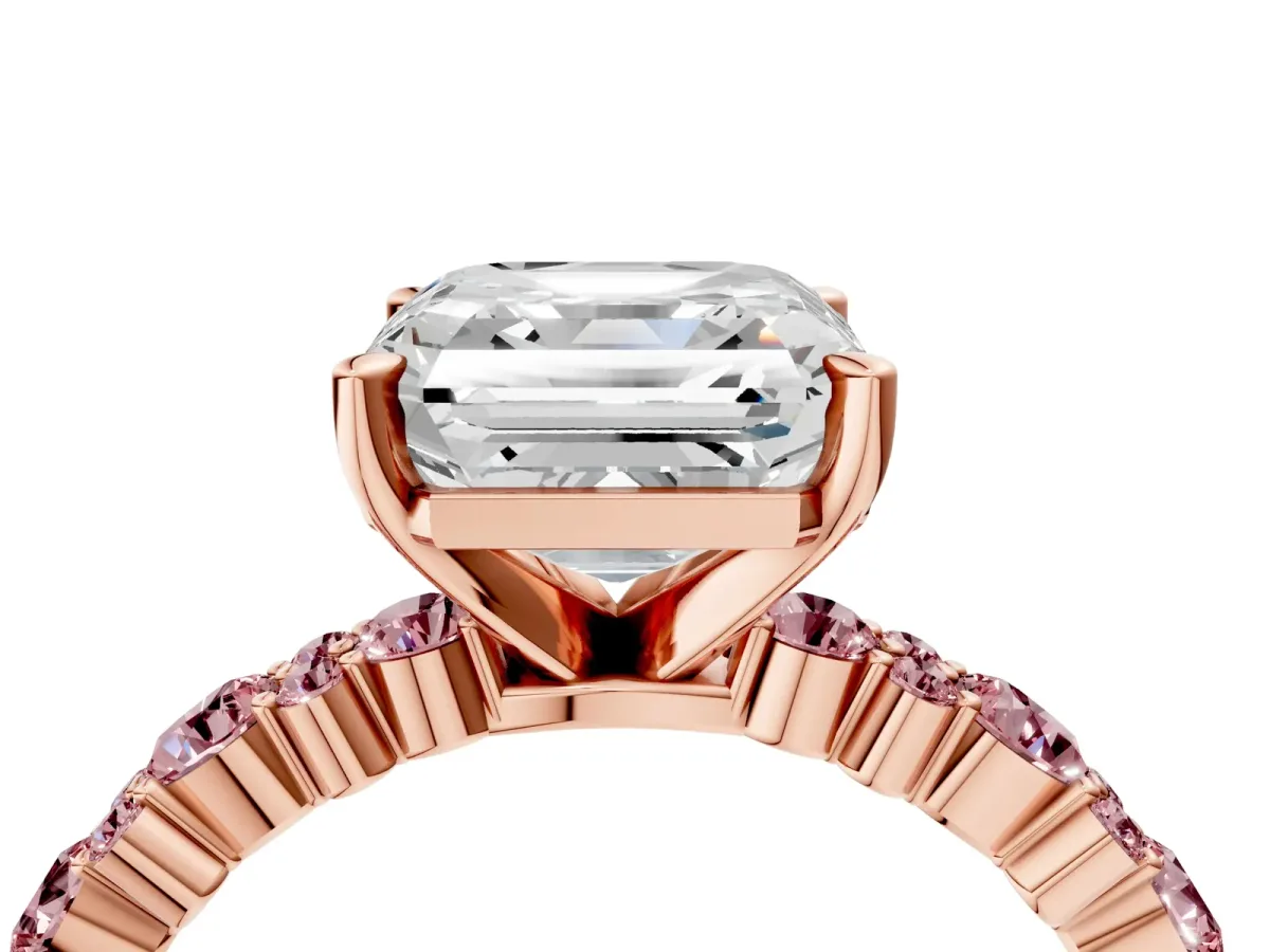 Asscher Cut Diamond Side Stone Solitaire Ring with Round Morganite and Four-Prong Setting Rose gold