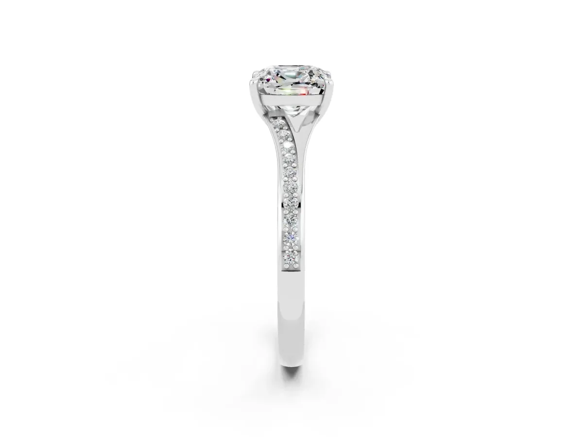 Cushion Cut Moissanite Solitaire Ring with Pavé Band and Prong Setting Silver