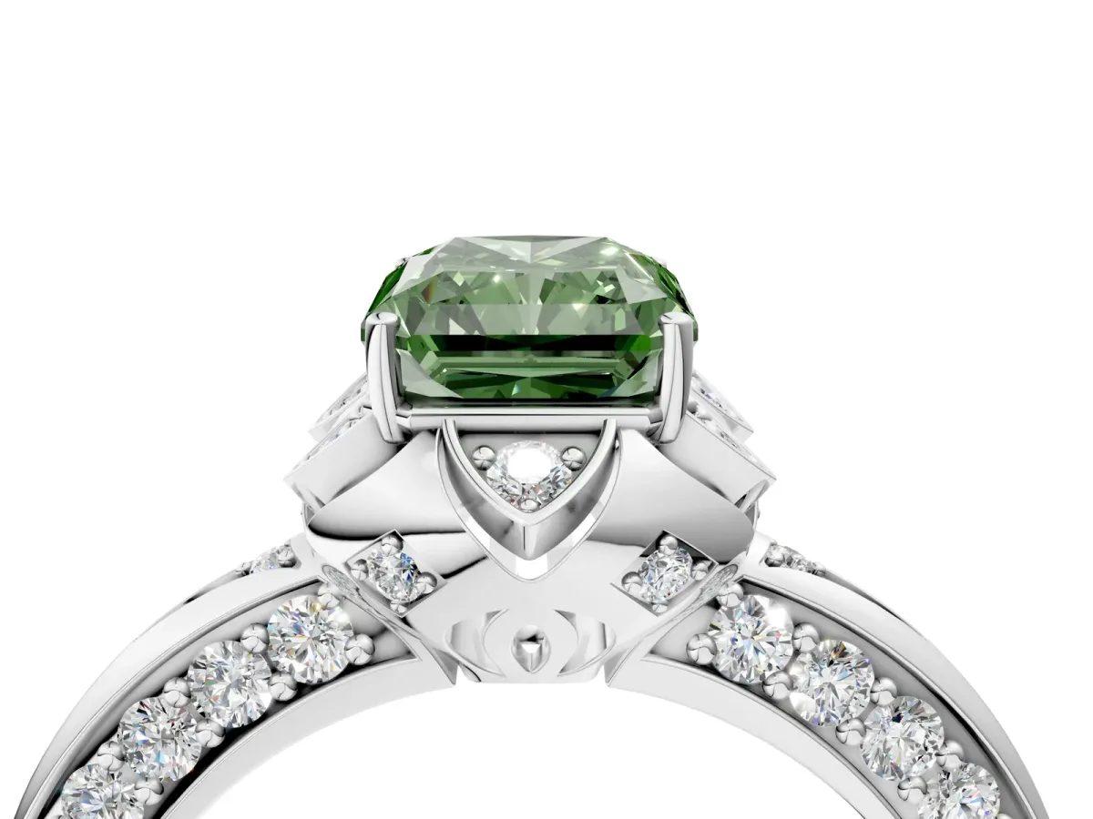 Fancy Green Radiant Cut Halo Split Shank Pave Diamond Ring with Petal Prong Setting Platinum