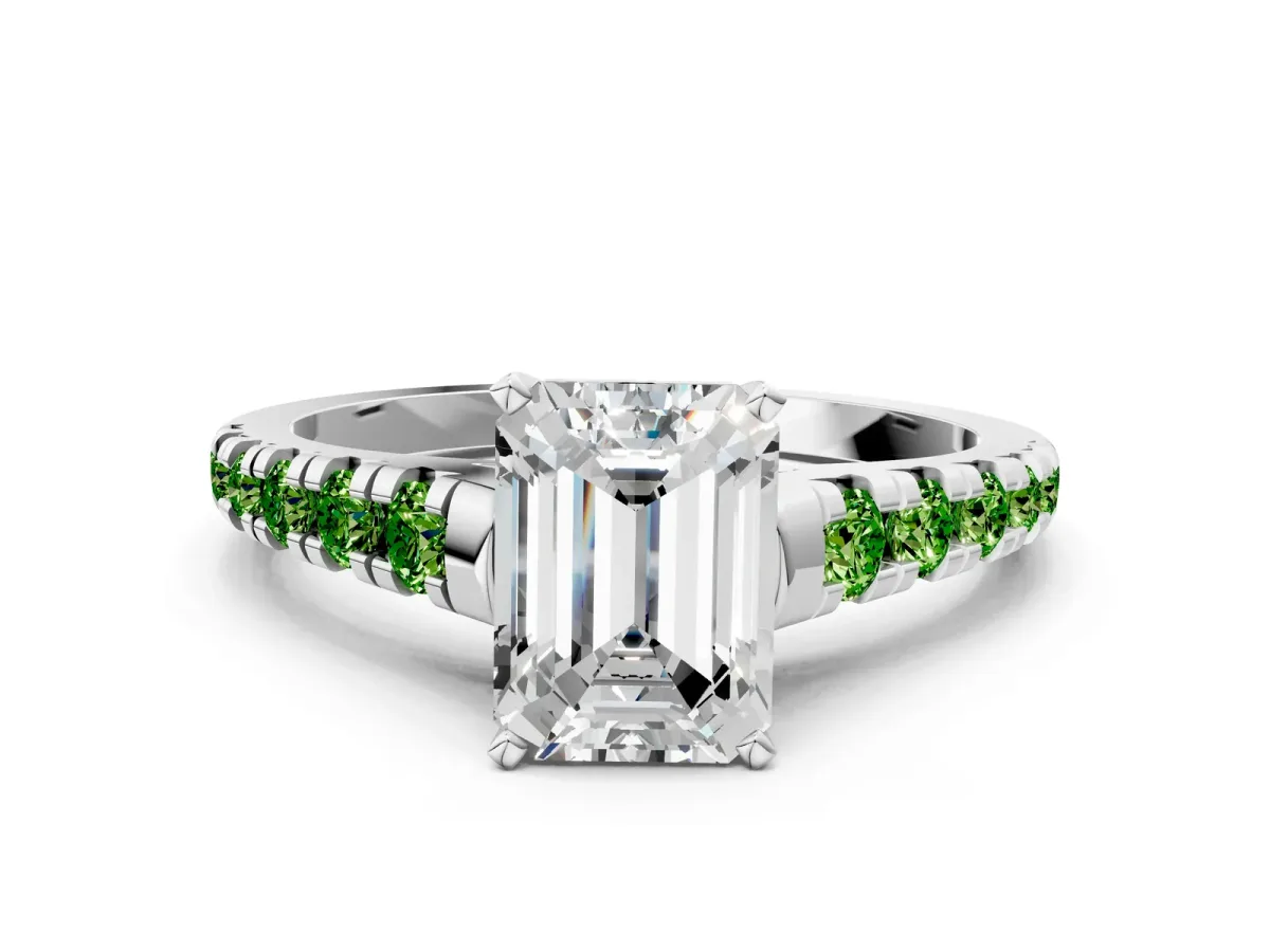 Emerald Cut Diamond Cathedral Solitaire Ring with Round Peridot Pavé Band Platinum