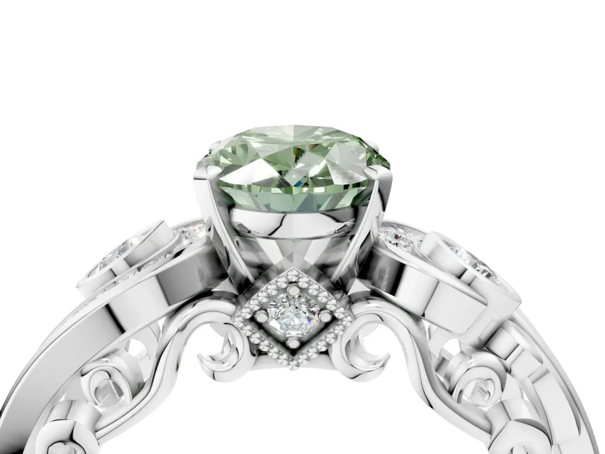 Fancy Green Oval Cut Diamond Solitaire Ring with Milgrain Pavé Band and Four-Prong Setting Silver