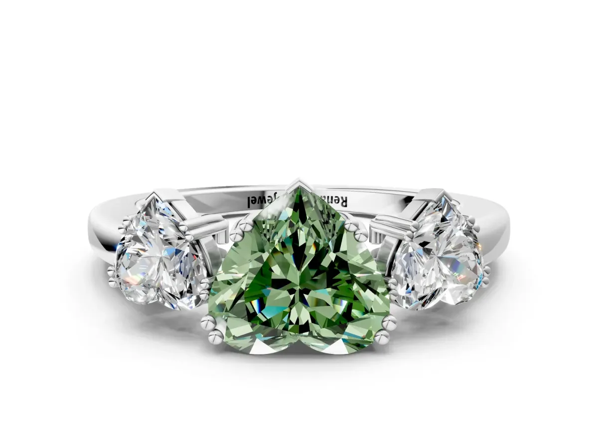 Fancy Green Three-Stone Heart Cut Cut Diamond Ring with Channel Set Band and Four-Prong Setting Silver