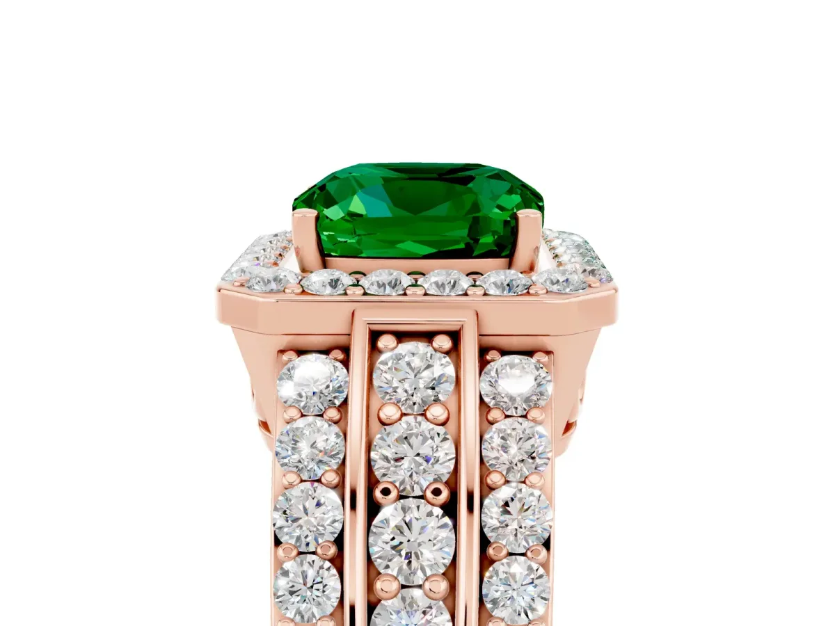 Cushion Cut Halo Emerald Ring with Round Split Shank and Prong Setting Rose gold