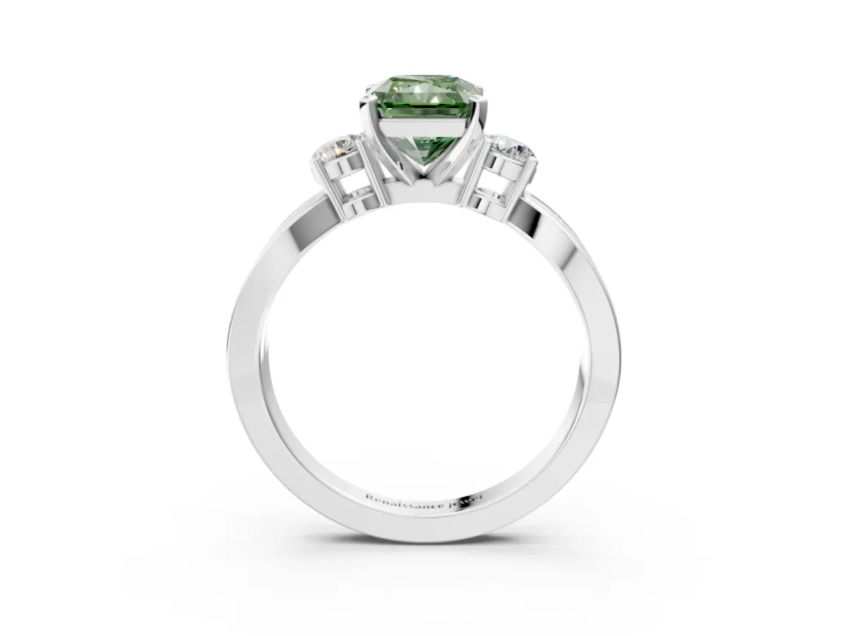 Fancy Green Three-Stone Radiant Cut Cut Diamond Twist Band with Prong Setting Platinum