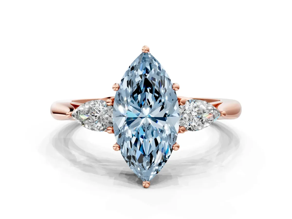 Fancy Blue Marquise Cut Diamond Three-Stone Ring with Pear Side Stones and Prong Setting Rose gold